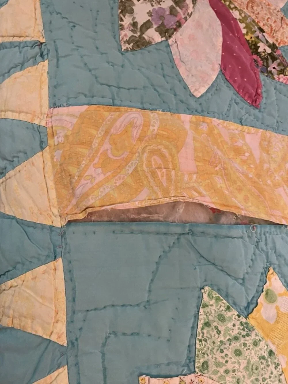 Dresden Floral Pinwheel Plates Quilt Pastel Scalloped Vtg Hand Stitched 60x80